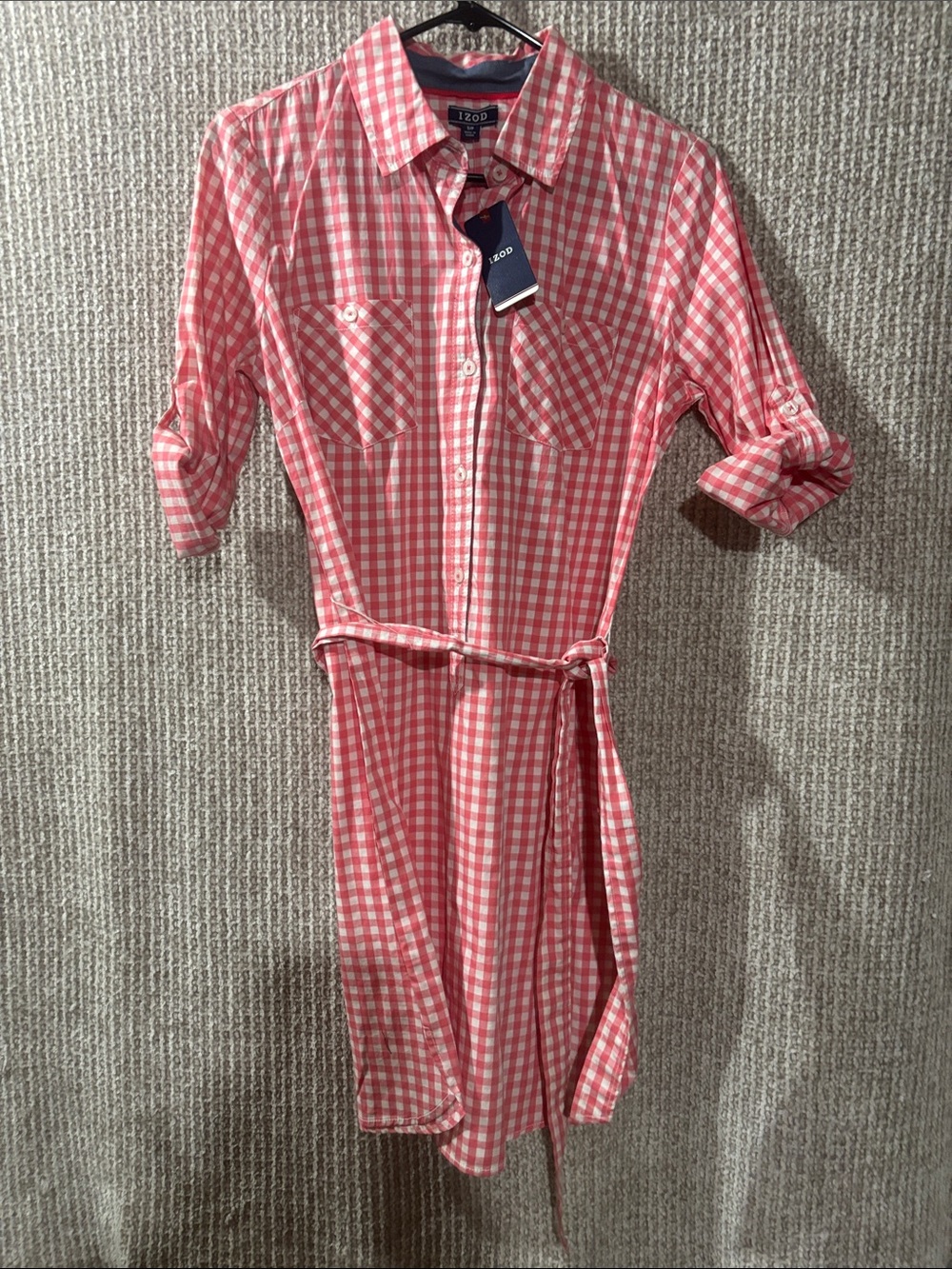 Izod Pink Gingham Button-Front Shirt Dress